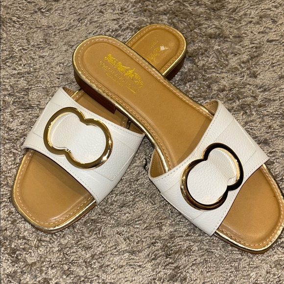 Coach and Four Shoes - Coach and Four White Slide Sandals with Gold Trim